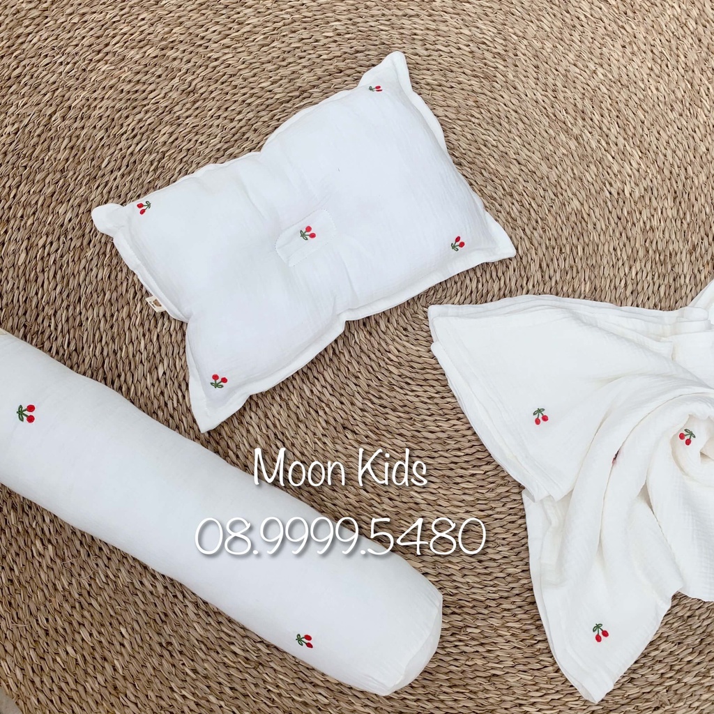 Set chăn - gối đầu - gối ôm xô muslin thêu hoạ tiết siêu mềm cho bé