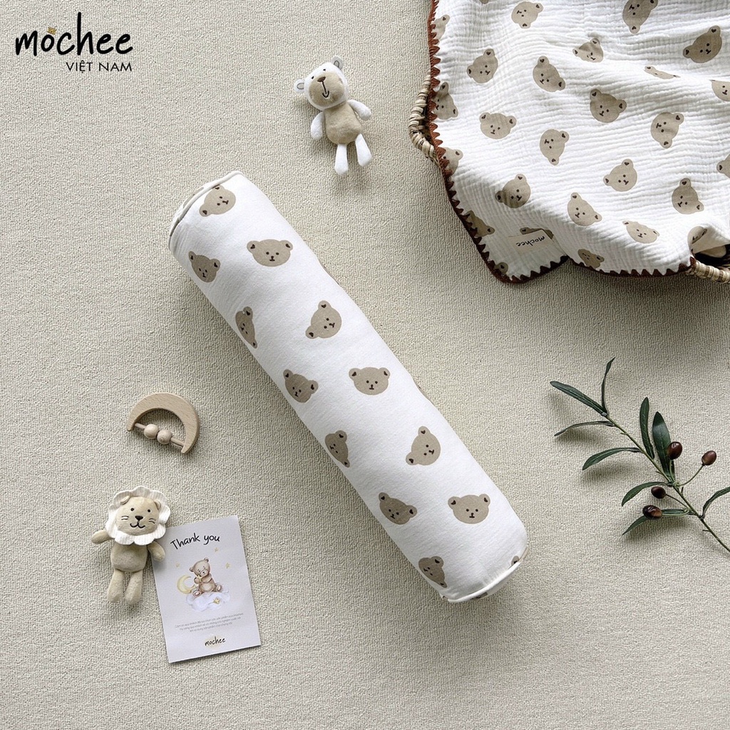 Gối ôm muslin cho bé Mochee 15x50cm, gối ôm trẻ em vải xô cotton họa tiết - Monnie Kids