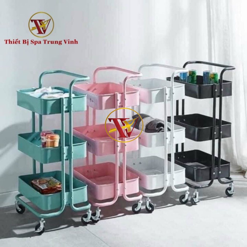 Xe Đẩy 3 Tầng Trang Trí Tiện Lợi Cao Cấp Chính Hãng Đa Năng Nhựa ABS Có Bánh Xe Chịu Lực 50kg  Hồng Xanh Trắng 42*35*87