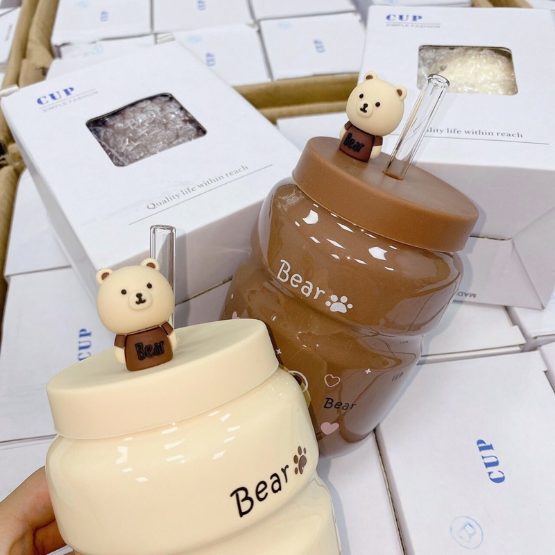CỐC SỨ CAO CẤP TRÁNG MEN IN HOẠ TIẾT GẤU BIER KÈM ỐNG HÚT NGỘ NGHĨNH.AH