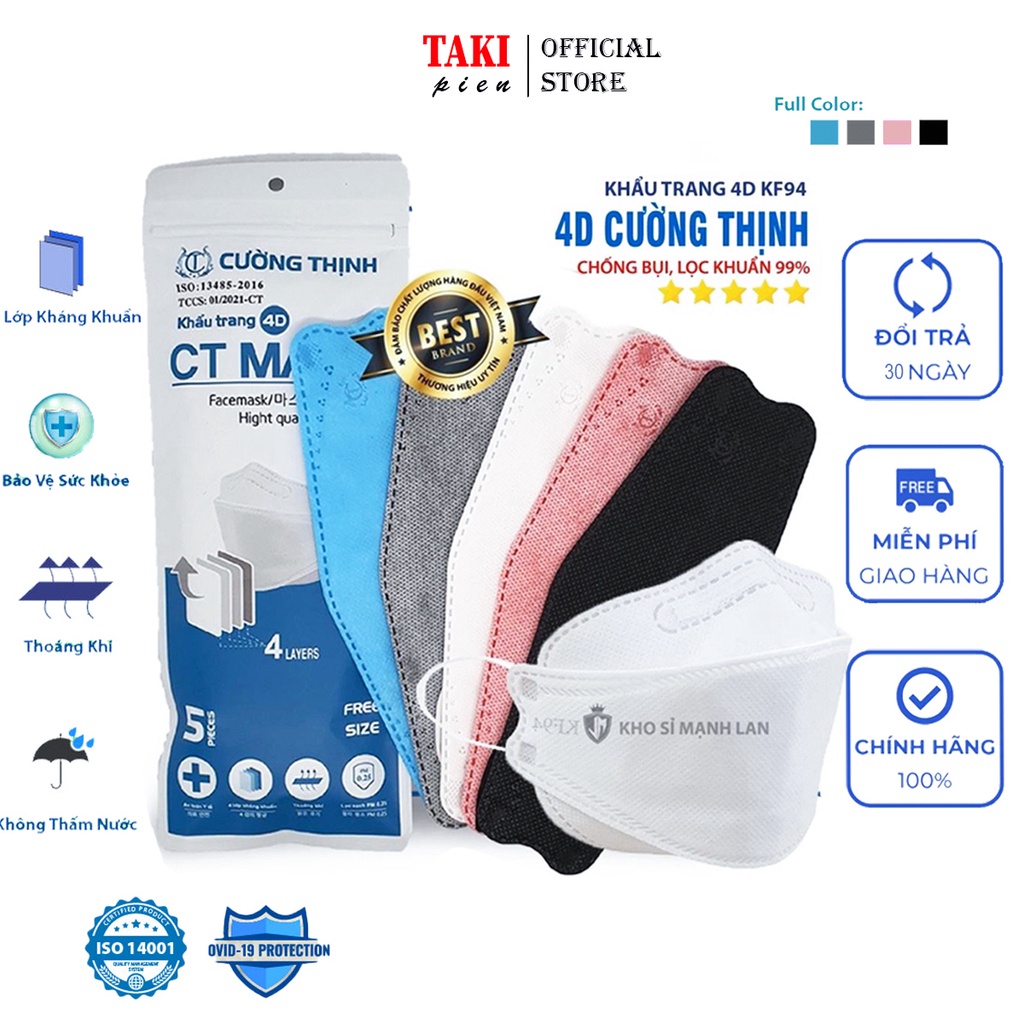 [Túi 5 cái] Khẩu trang kf94 hàn quốc Cường Thịnh 4 lớp kháng khuẩn chính hãng, kháng bụi mịn, công nghệ dập hàn quốc