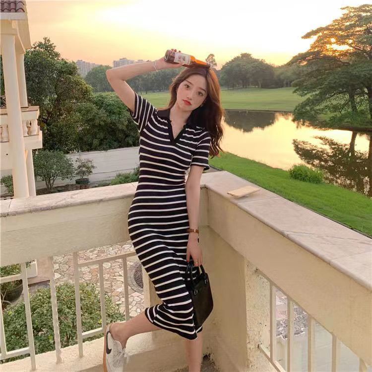COZOK Đầm Tay Ngắn Họa Tiết Kẻ Sọc Thời Trang