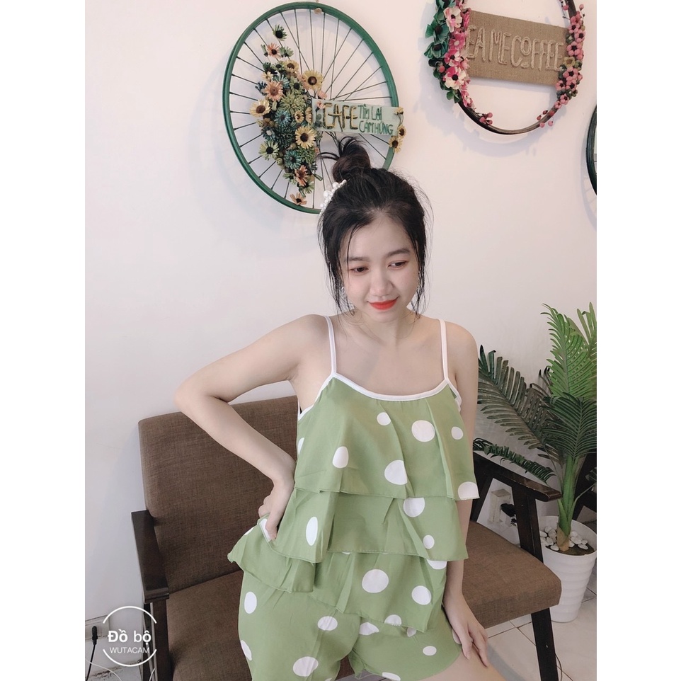 Đồ ngủ áo 2 dây 3 tầng vải lụa hàn họa tiết chấm bi siêu xinh freesize dưới 57kg