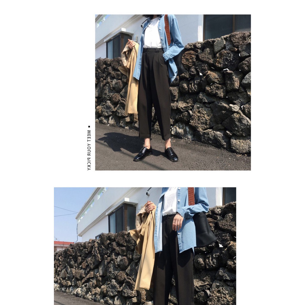 Quần Tây Baggy 2 Nút Gài Lưng Cao Kéo Khóa Màu Đen basic (BC110)