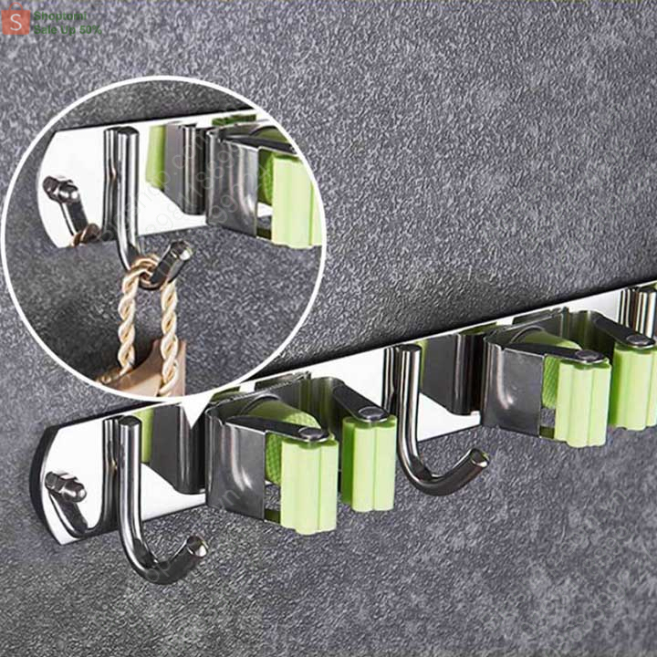 Móc treo kẹp giữ chổi và đồ vật đa năng bằng inox 304, dùng keo dán hoặc vít (Kho Hà nội)
