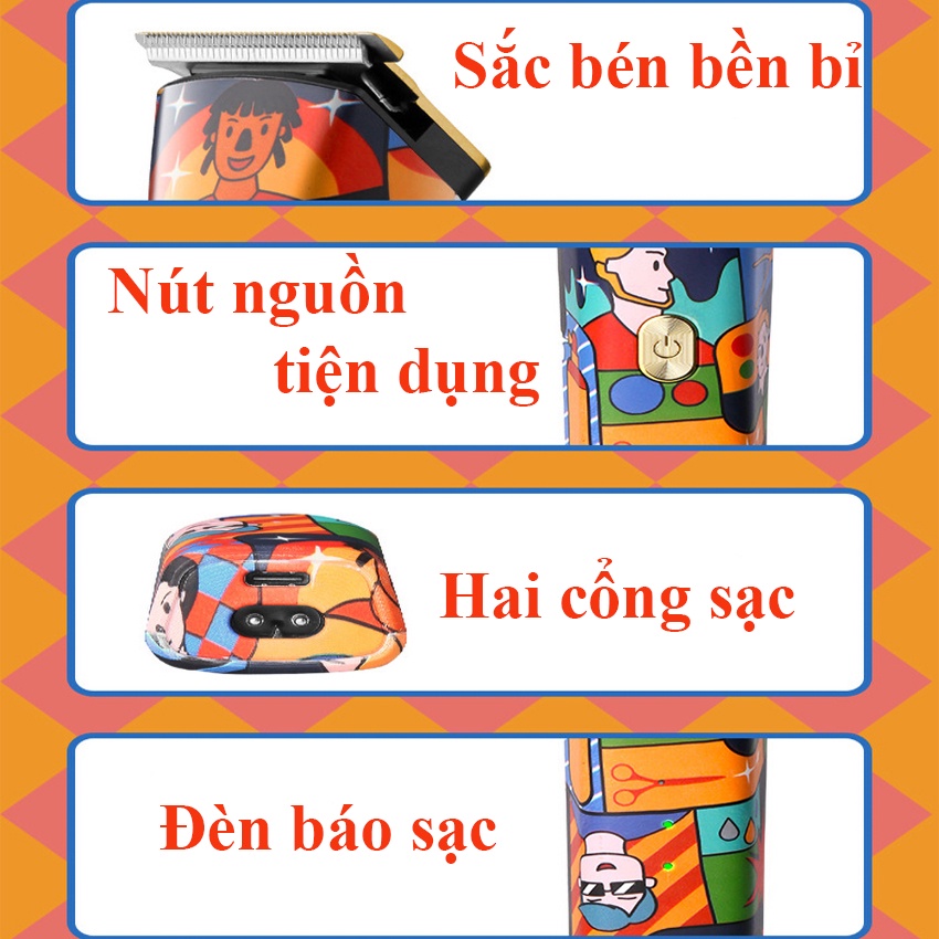 Tông đơ cho bé Kemei km 5017h họa tiết ngộ nghĩnh, lưỡi cắt mạ vàng sắc bén bền bỉ không ồn, tặng lược cắt tóc cao cấp