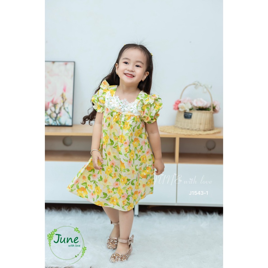 [xả kho] Váy đầm cho bé gái June vải thô mềm hoa vàng hồng tay bồng Váy bé gái dáng suông chữ A - VJ