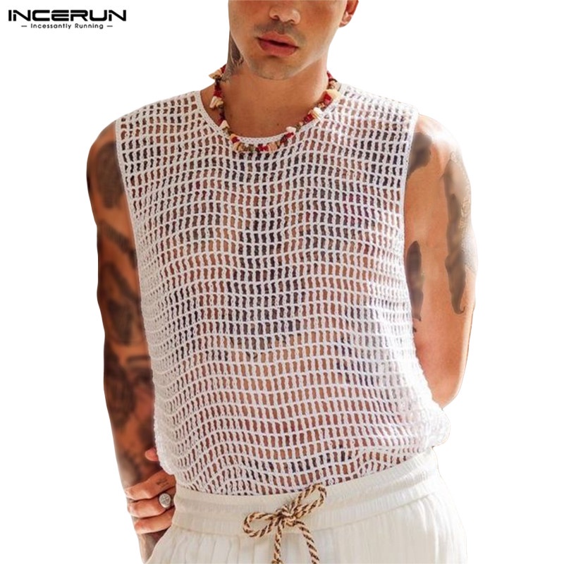 Áo tank top INCERUN màu trắng phối lưới xuyên thấu dáng rộng thoải mái cho nam