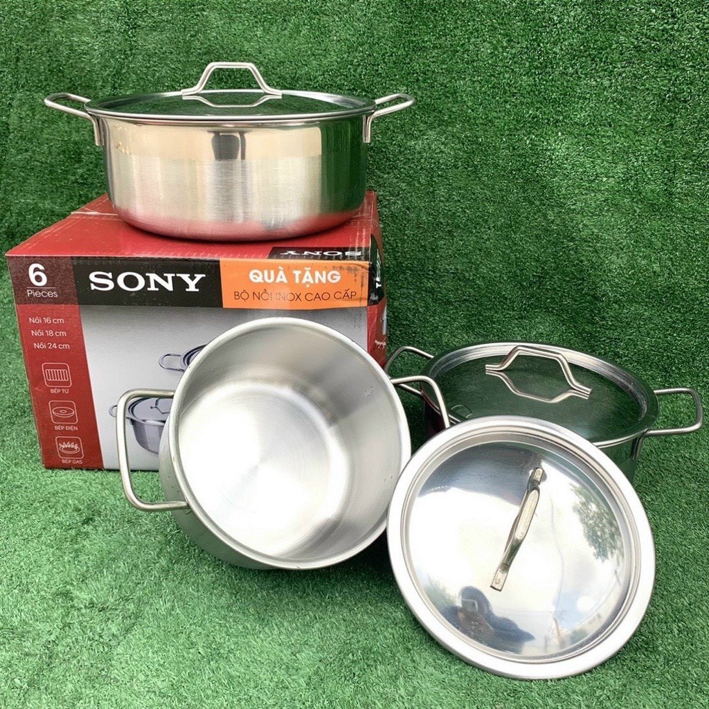 Bộ 3 nồi Inox 16cm - 20cm - 25cm dùng cho MỌI LOẠI BẾP, bộ nồi inox Sony