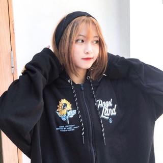 ÁO KHOÁC ANGEL LAND HOA HƯỚNG DƯƠNG - ÁO HOODIE NỮ FORM RỘNG CÓ NÓN CUPID tình yêu ĐEN UNISEX - Mẫu mới