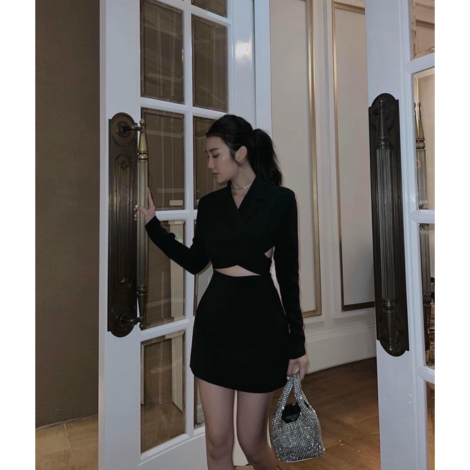 set áo vest croptop + chân váy chữ A