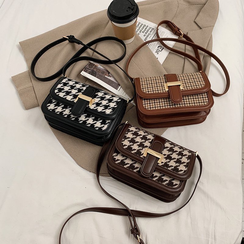 Túi đeo chéo hình vuông cỡ nhỏ họa tiết houndstooth đơn giản phong cách phương Tây sành điệu IELGY