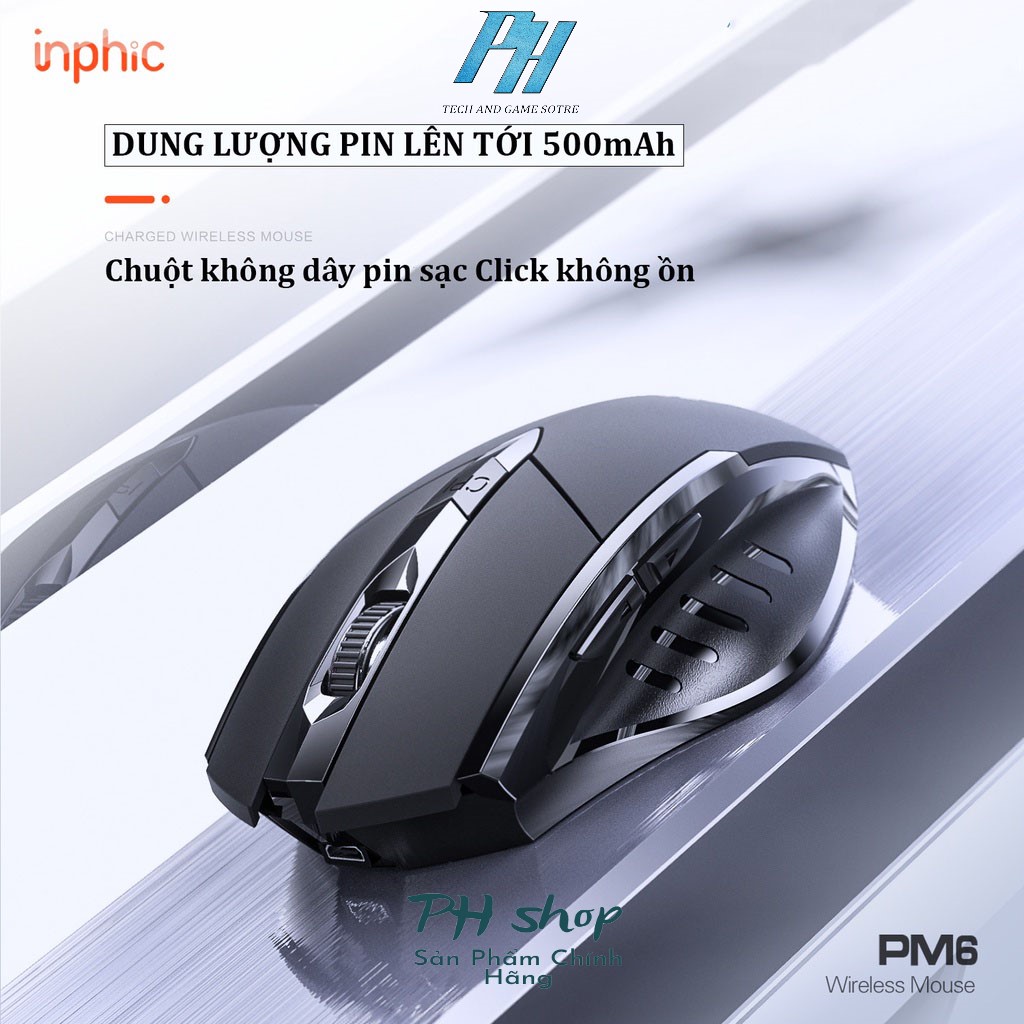 Chuột không dây pin sạc inphic PM6 Wireless - Chuột gaming không dây bluetooth cao cấp bấm siêu êm không cần thay pin