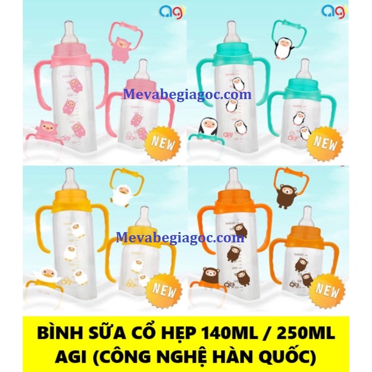 (Mẫu mới nhất) Bình sữa Agi có tay cầm cổ hẹp 140ml/250ml (Công Nghệ Hàn Quốc)