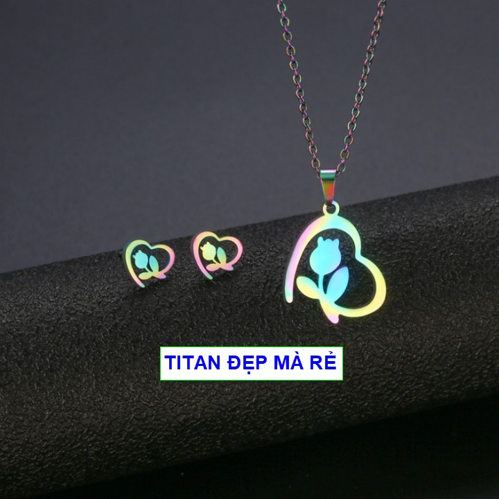 Bộ trang sức cá tính nữ mặt tim phối tim hoa hồng đẹp - Hàng titan vàng 18k sáng bóng đẹp - Cam kết 1 đổi 1 nếu đen