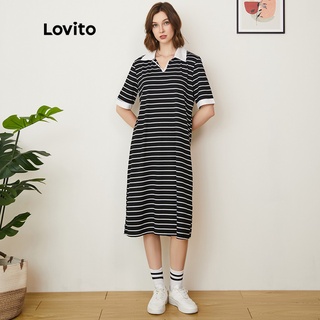 Lovito Màu sắc tương phản thông thường Váy sọc ve áo L24AD075