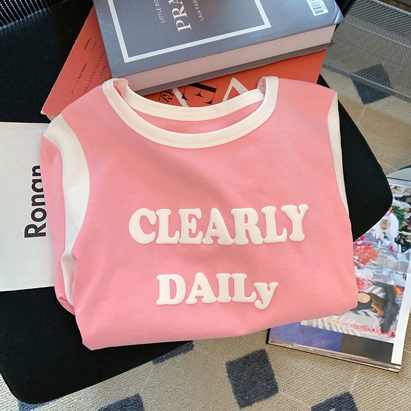 Áo Thun Nữ Ngắn Tay Phối Màu Sắc Tương Phản Phong Cách Hàn Quốc