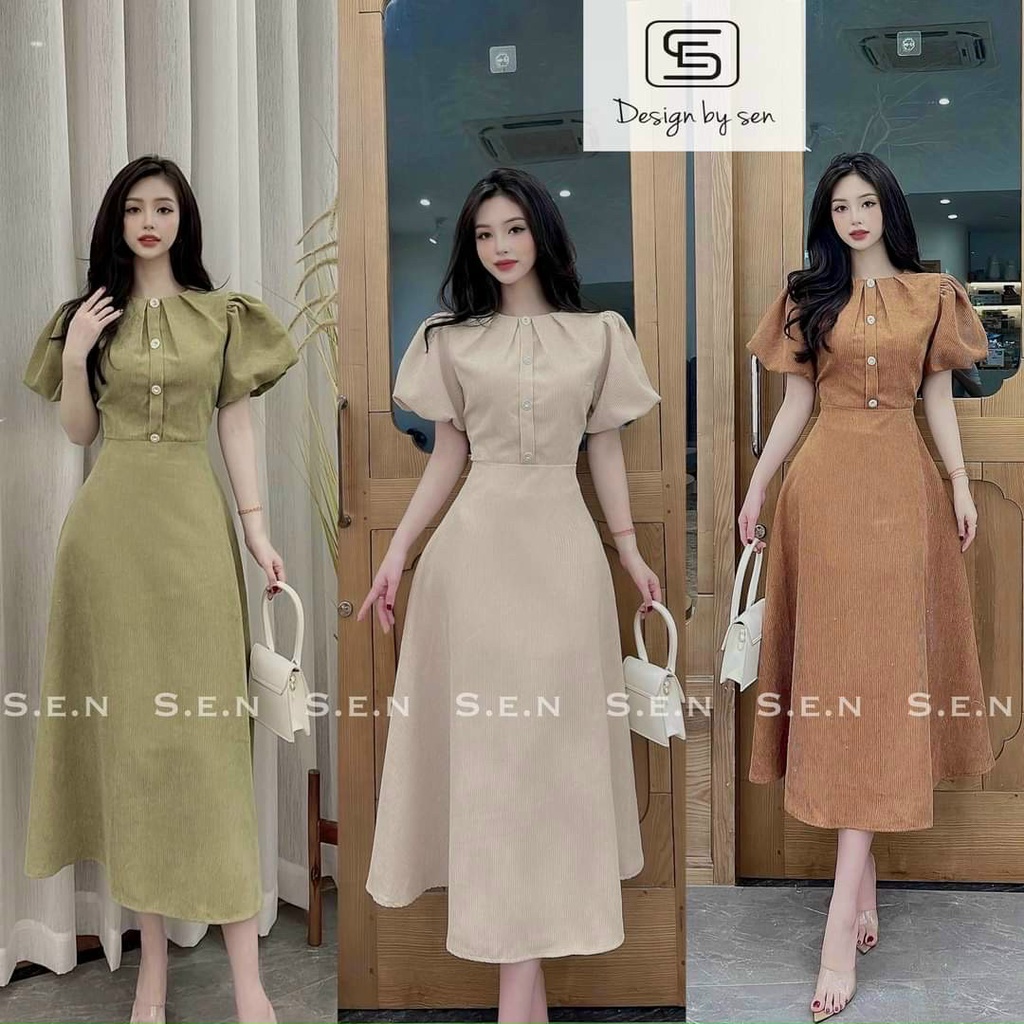 (Sale FreeShip) Đầm tiểu thư dáng xòe,đầm thiết kế tay phồng cổ tròn xếp li tạo điểm nhấn sang trọng,chất nhung tăm chua