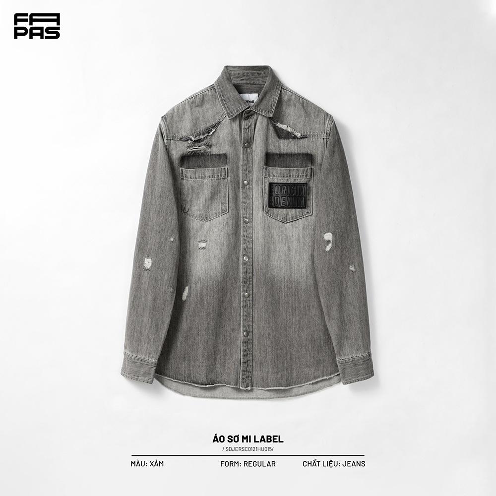 Áo Sơ Mi Nam Denim Label Màu Washed Chi Tiết Rách Xước Bụi Bặm Có Tag Da Tạo Điểm Nhấn Form Chuẩn - FAPAS