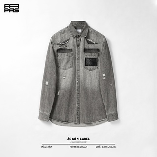 Áo Sơ Mi Nam Denim Label Màu Washed Chi Tiết Rách Xước Bụi Bặm Có Tag Da Tạo Điểm Nhấn Form Chuẩn - FAPAS