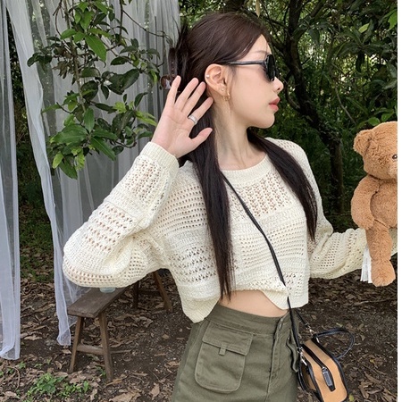 QKOOLE Áo croptop  dệt kim tay dài cổ tròn phong cách cổ điển Hàn Quốc cho nữ