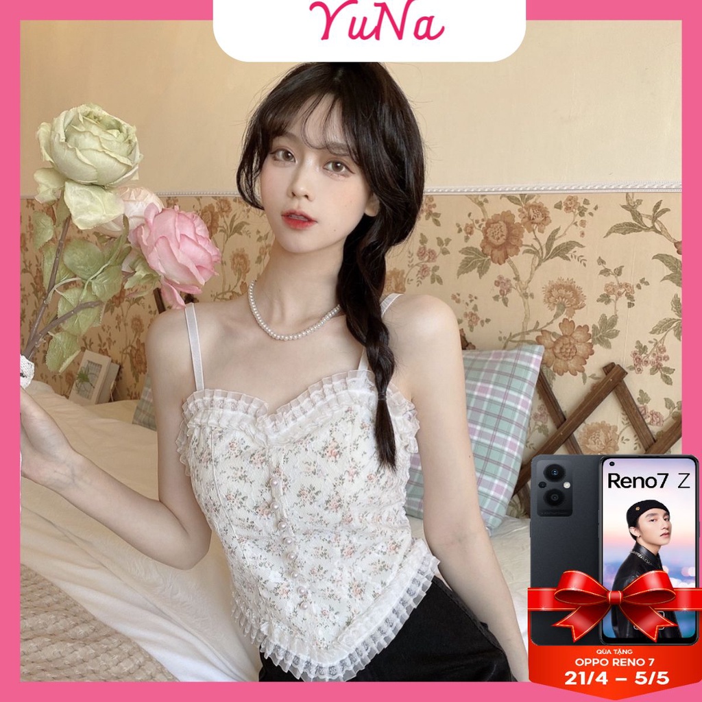 Áo bra ren Maika hoa nhí tiểu thư đính khuy kiểu dáng croptop siêu đẹp, phụ kiện thời trang nữ Yuna