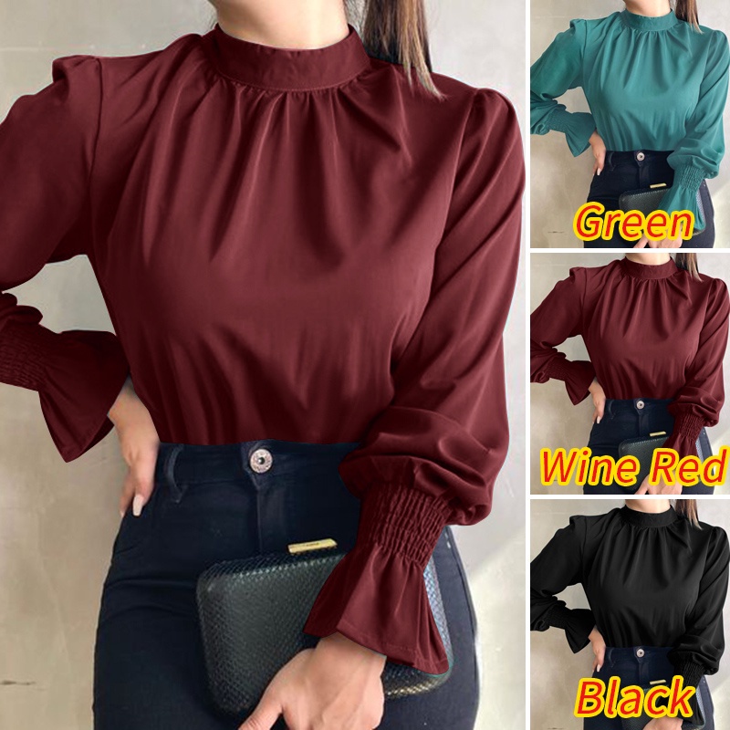 Áo kiểu ZANZEA thời trang nữ cổ kín ống tay áo bo thun dạng loe phù hợp mặc hàng ngày
