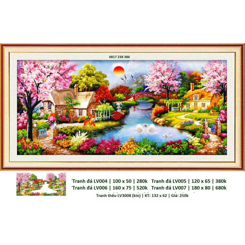 Tranh thêu chữ thập Phong Cảnh Mùa Xuân Ấm Áp LV3007 (84 x 43 cm)  LV3008 (132 x 62 cm) - tự thêu - thêu kín