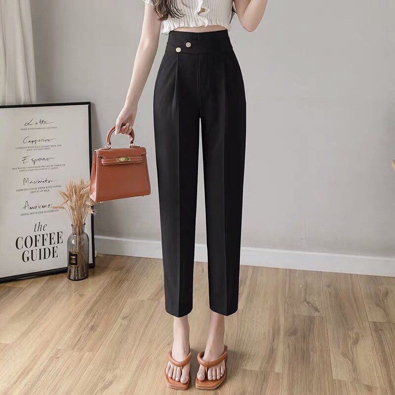 Quần baggy vải nữ kiểu hàng đẹp fom chuẩn quần tây nữ co giãn nhẹ cạp cao phối khuy điệu
