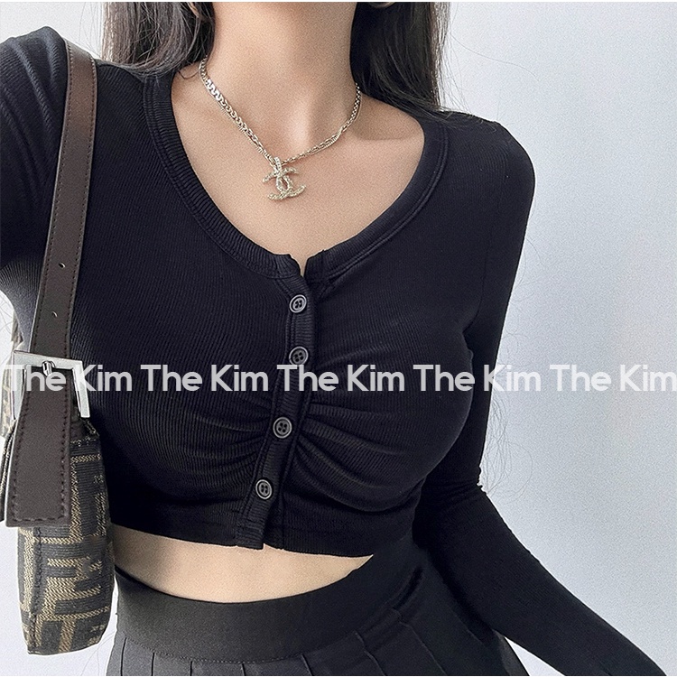 Áo thun tăm tay dài croptop nhún ly cúc ngực , áo dài tay cho nữ cổ tròn dáng ngắn ôm body The Kim AD125