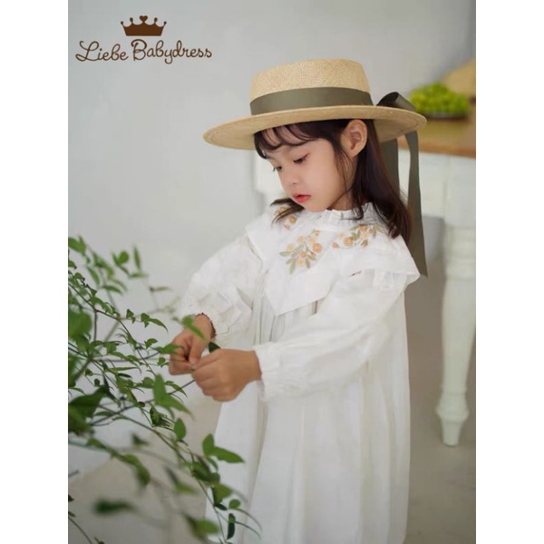 Đầm tiểu thư trắng bé gái vải thô Hàn thêu hoa 10-28kg