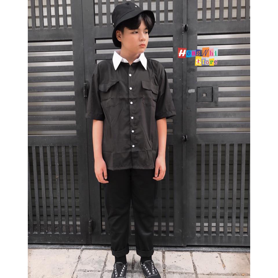 SƠ MI TAY LỠ UNISEX PHỐI CỔ 2 TÚI MÀU ĐEN - SƠ MI MIX TAY LỠ- MM