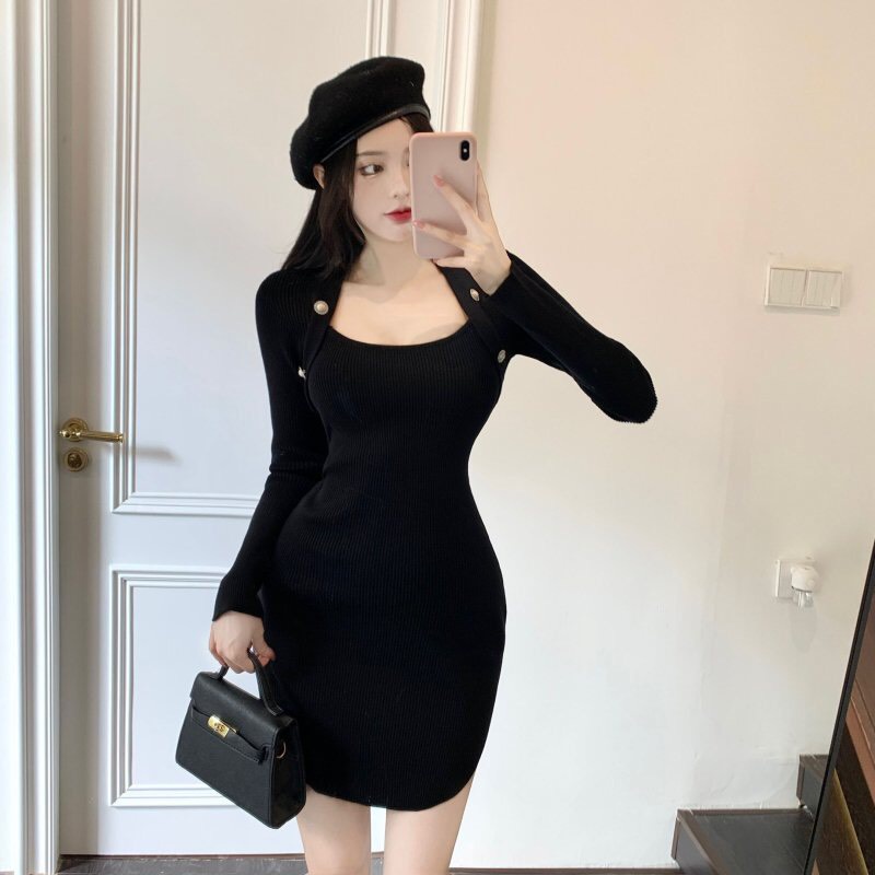 Váy đầm body dài tay cổ vuông ⚡𝙁𝙍𝙀𝙀𝙎𝙃𝙄𝙋⚡ Váy dáng ôm sexy, sang chảnh, tôn dáng, chất liệu cotton co dãn 4 chiều | BigBuy360 - bigbuy360.vn