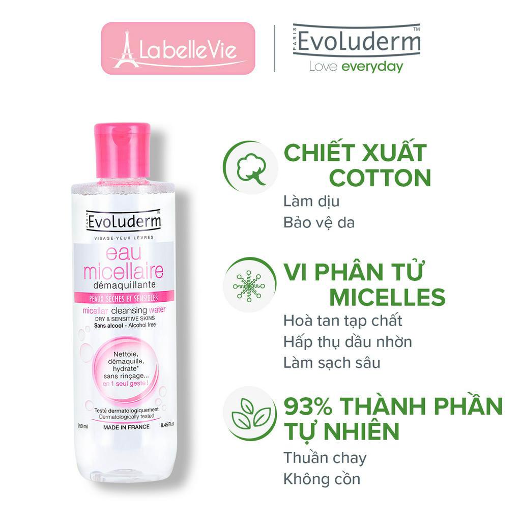 Nước tẩy trang Evoluderm Micellaire chiết xuất cây Bông dành cho da khô và nhạy cảm 250ml-30ml