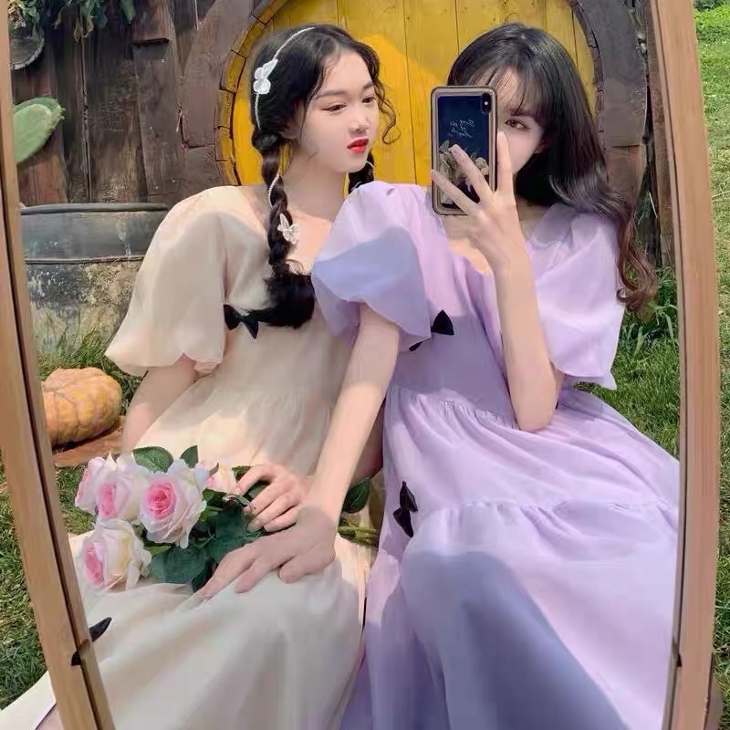 Đầm Babydoll Maxi Đính Nơ Ngắn Tay Dễ Thương