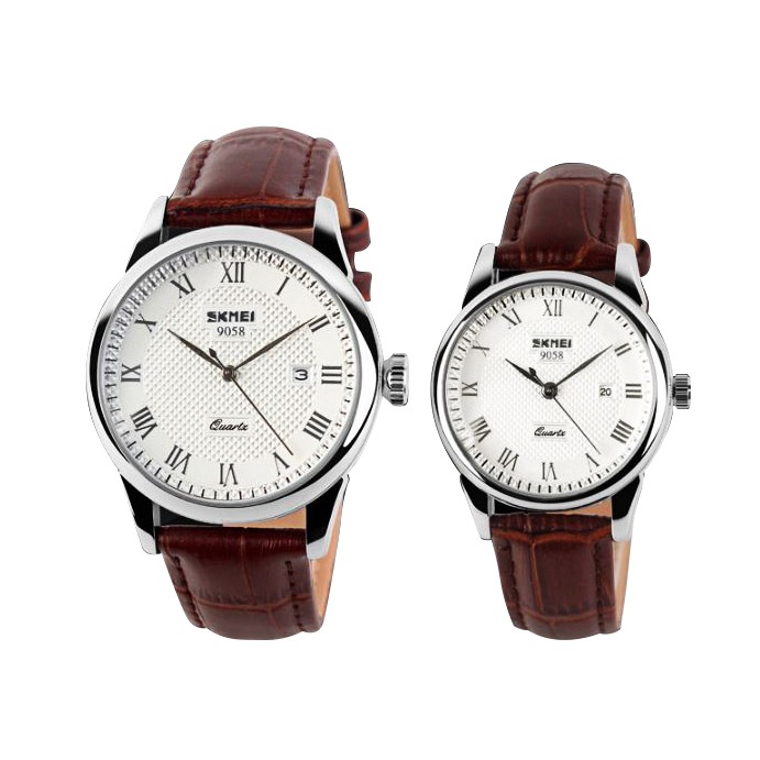 [Tặng vòng tay] Đồng hồ đôi SKMEI chính hãng SK9058 dây da chống nước cao cấp