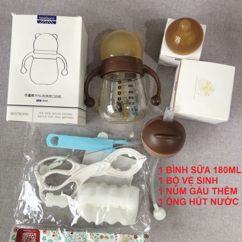 (HCM) 325k/set: combo 1 bình gấu best born, 1 núm +, 1 đầu tập uống nước, 1 bộ vệ sinh 5 món