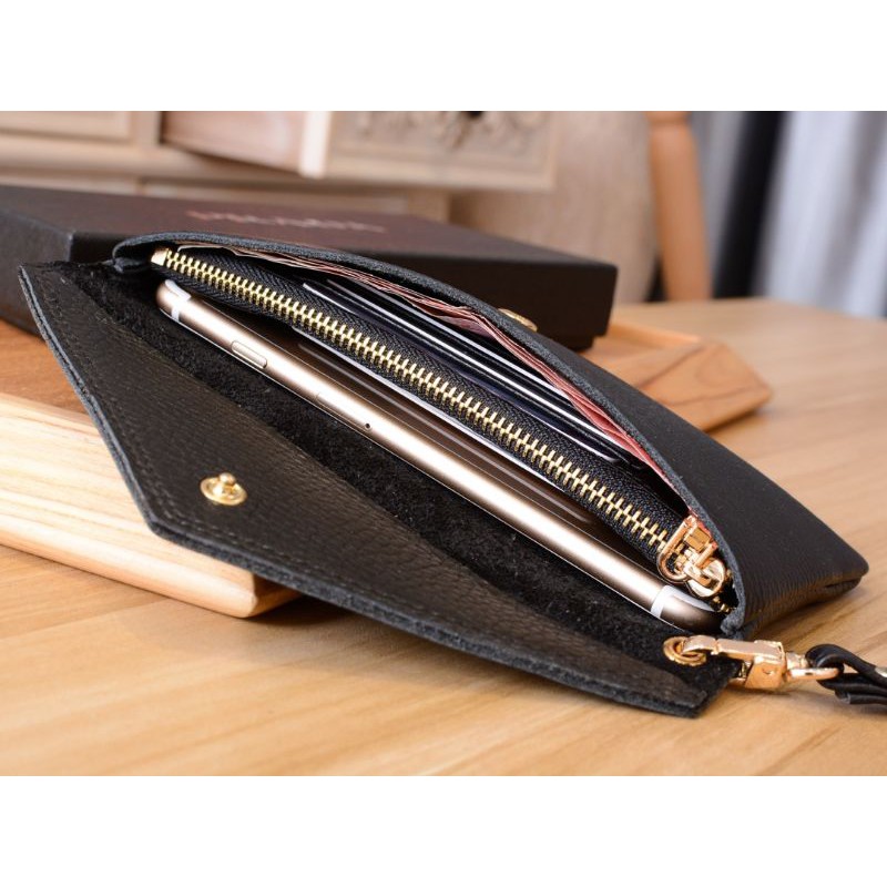 Ví cầm tay nữ da thật dáng dài khóa gập có quai xách tay Prada