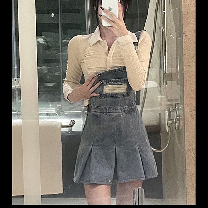 Váy yếm jean Mozipa Quảng Châu, chân váy ngắn xếp li xinh xắn style ulzzang moz34