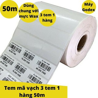 Giấy in mã vạch 3 tem ngang 35x22mm, cuộn 50m, decal thường