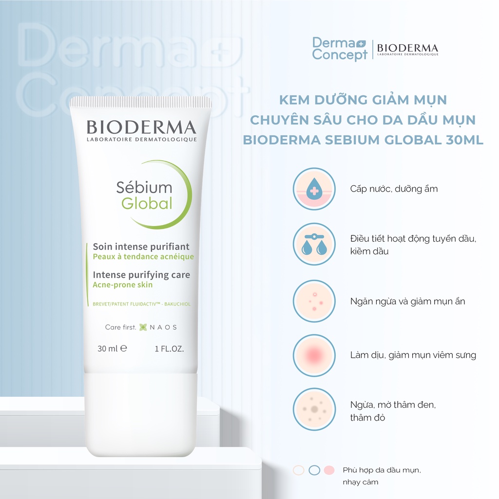 Kem dưỡng giảm mụn chuyên sâu cho da dầu mụn Bioderma Sebium Global - 30ml [NHẬP KHẨU CHÍNH HÃNG 100%]