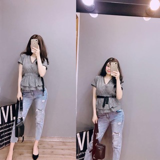Áo kẻ karo Thắt Eo