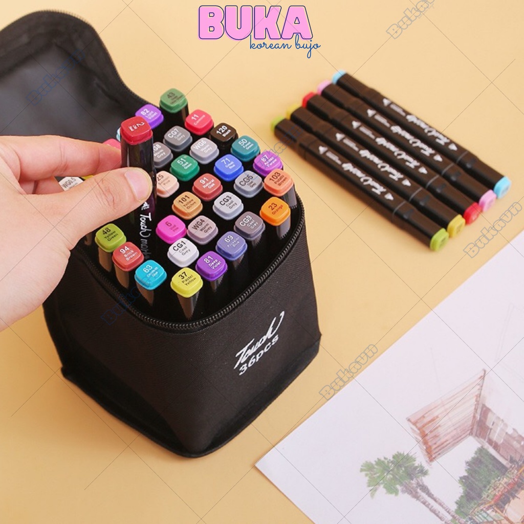 Bút dạ Marker Touch nhiều màu cao cấp Buka kèm túi vải họa cụ vẽ tranh cao cấp 24 / 36 / 48 / 60 / 80 màu
