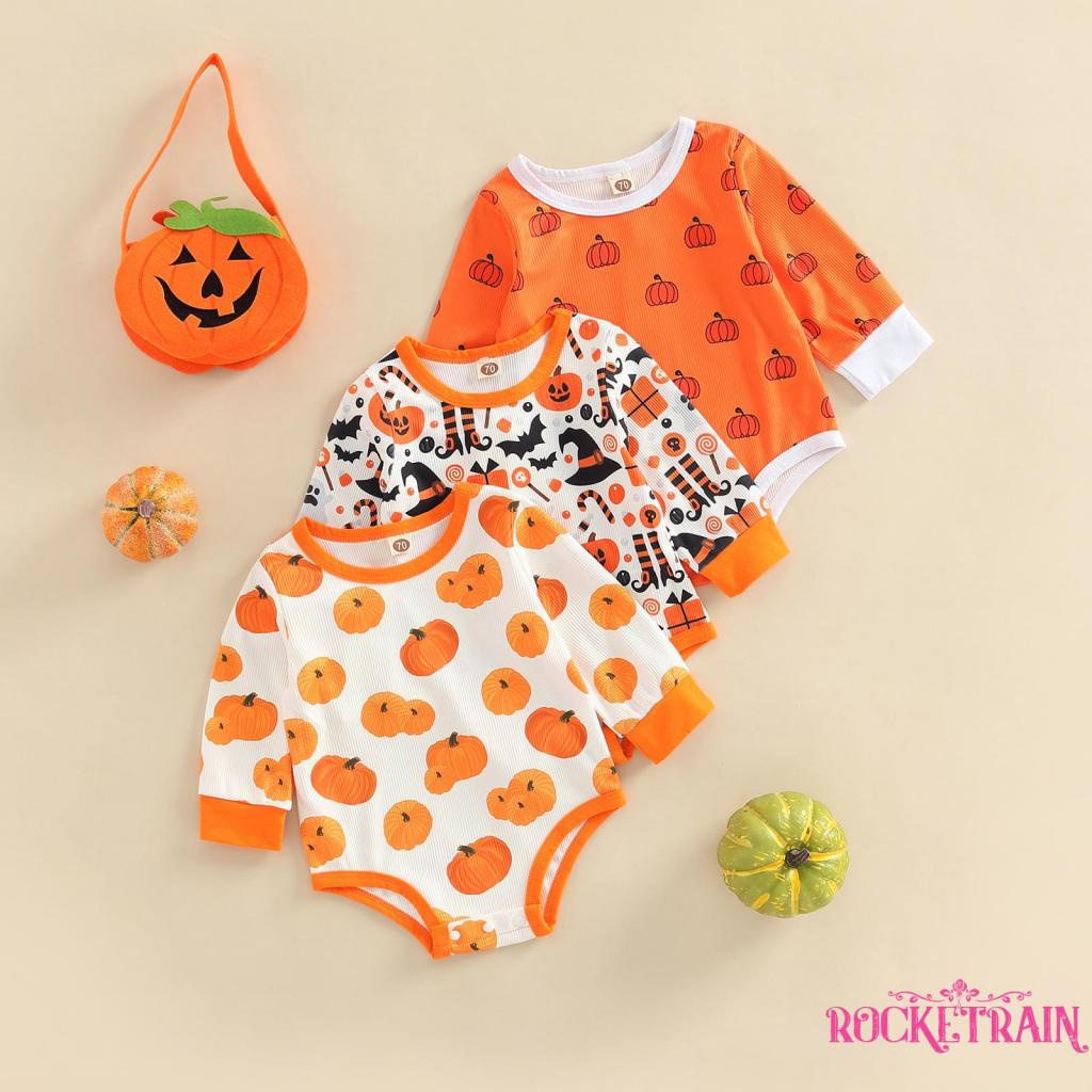 Áo Liền Quần Dài Tay Cổ Tròn Họa Tiết Bí Ngô Halloween Cho Bé