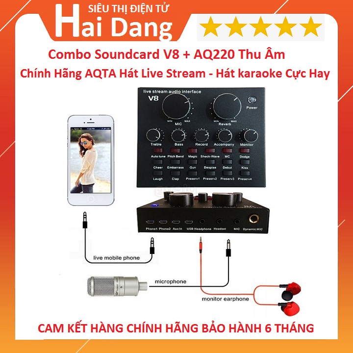 Combo Soundcard V8 Bluetooth + Mic AQ 220 Livetream Karaoke, Cả Bộ Chính Hãng AQTA Có AutoTune Chuẩn Phòng Thu