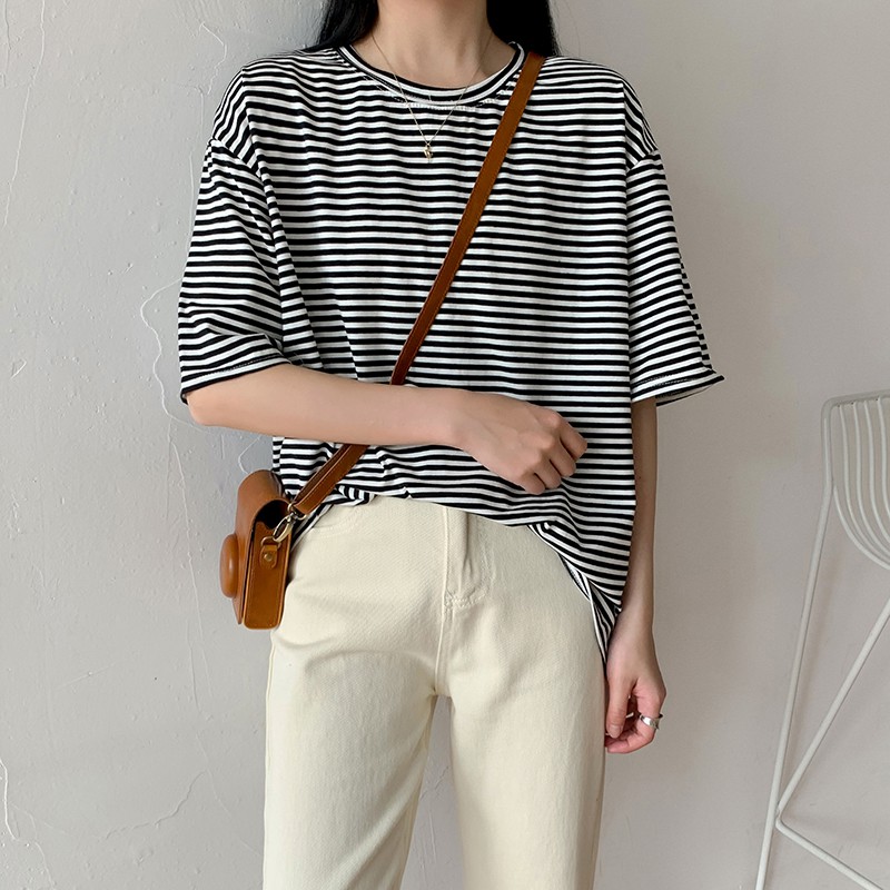 Áo thun nữ Ngắn tay Kẻ sọc ngang Mùa Hè Cổ tròn Cotton Áo phông nữ Tay ngắn Form rộng Sọc ngang Thời trang
