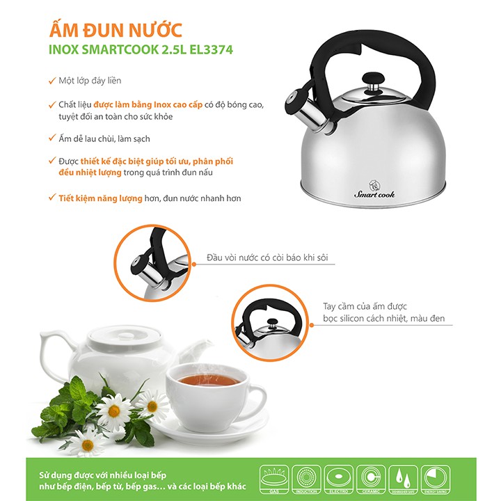 ẤM ĐUN NƯỚC BẰNG INOX 304 ELMICH SMARTCOOK 2.5L SM 3374- BẢO HÀNH CHÍNH HÃNG 12 THÁNG