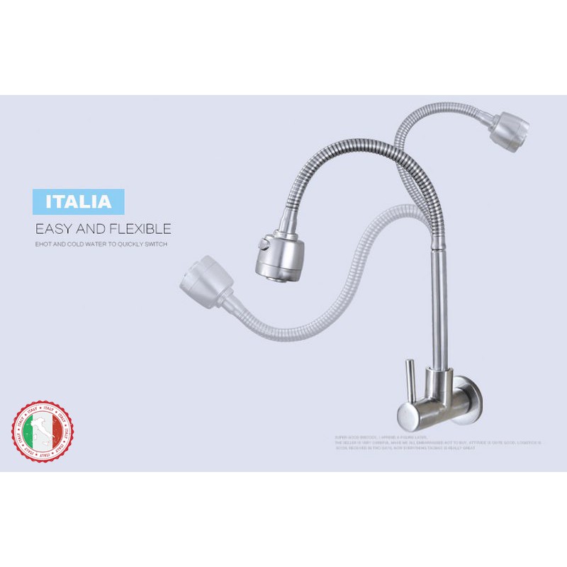 Vòi rửa chén (chỉ lạnh, gắn tường, cổ mềm uốn được) SUS304 - Cao cấp ITALIA