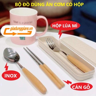 Bộ đũa dĩa thìa inox cán gỗ hộp đựng bằng lúa mạch (Dài 21cm) Cao cấp, sang trọng, an toàn vệ sinh - giadunggiare