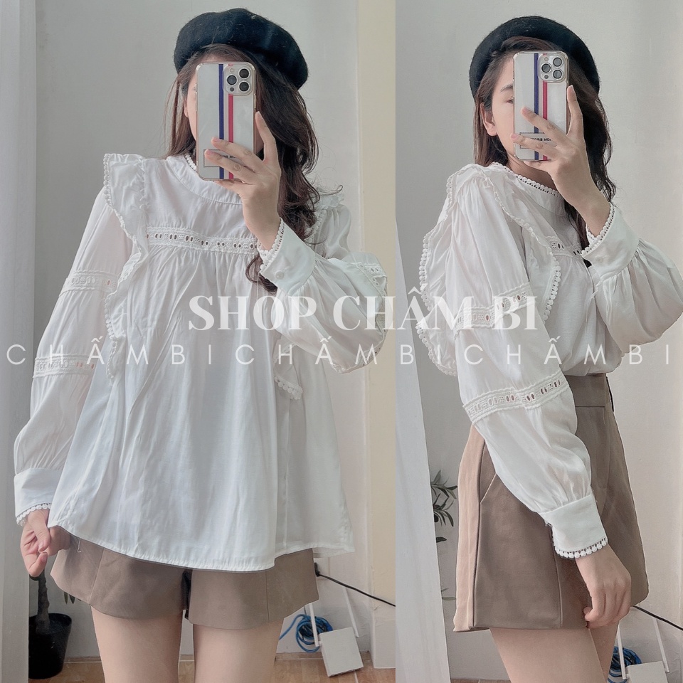Áo sơ mi trắng nữ A.301, Áo kiểu nữ cánh tiên dáng babydoll tay dọc vai cổ tàu phối ren họa tiết dài tay style Hàn Quốc